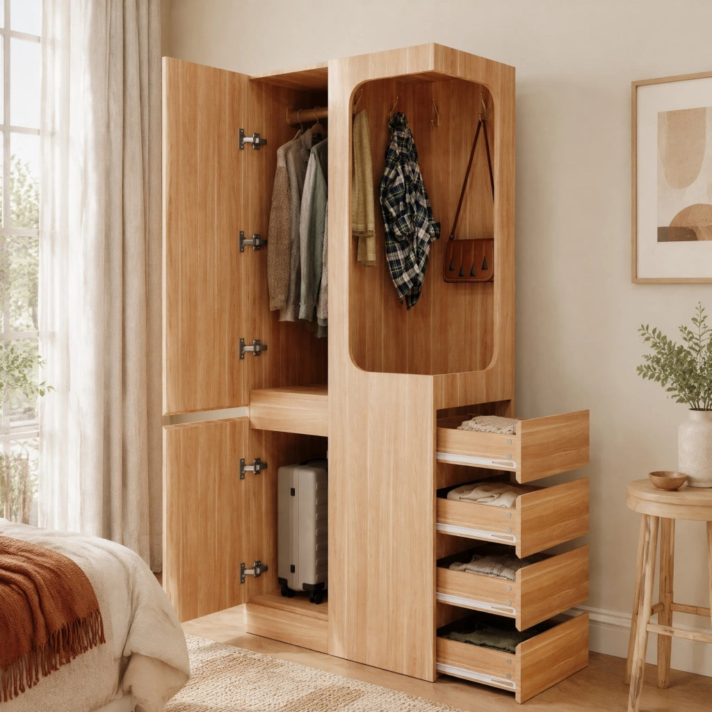 ARMADIO con 1 porta, 4 cassetti, 70 x 40 x 170 cm, Legno naturale