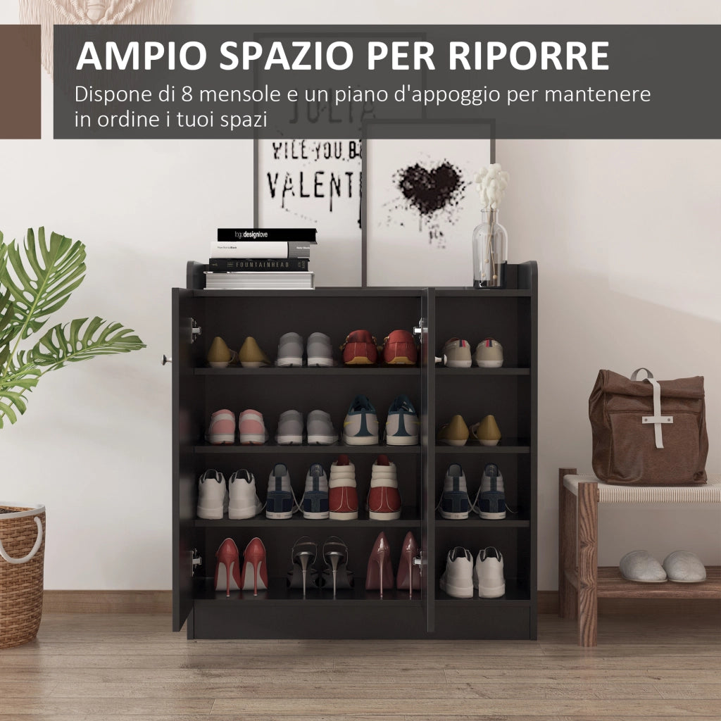 EasyComfort Scarpiera Ingresso con 4 Ripiani Aperti, Scarpiera Armadio Multiuso con Armadietto a 2 Ante e Ripiani Regolabili, Porta Scarpe Salvaspazio per 12 Paia, 83x30x90 cm, Nero
