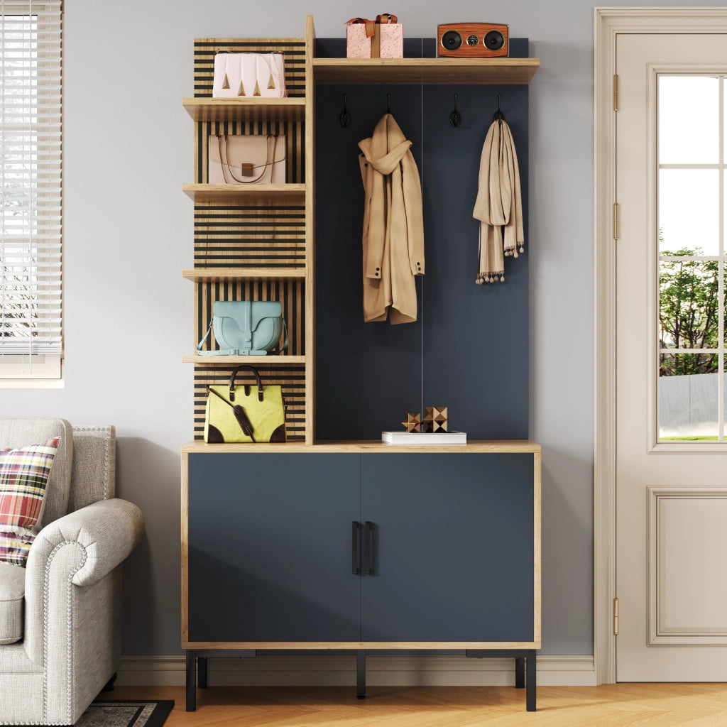 Mobile Ingresso con 4 Ripiani Laterali e Ganci; Ripiano Inferiore Regolabile; Stile Moderno; in Pannello; Naturale; 100??40??190;5 cm