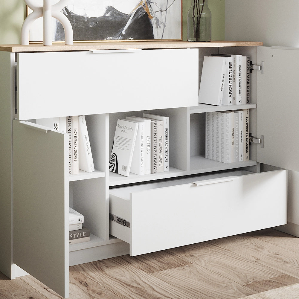 Vicco Cassettiera per camera da letto Bianco/Sonoma 120 x 83.6 cm 2x porta, 2x cassetto e 1x scomparto aperto