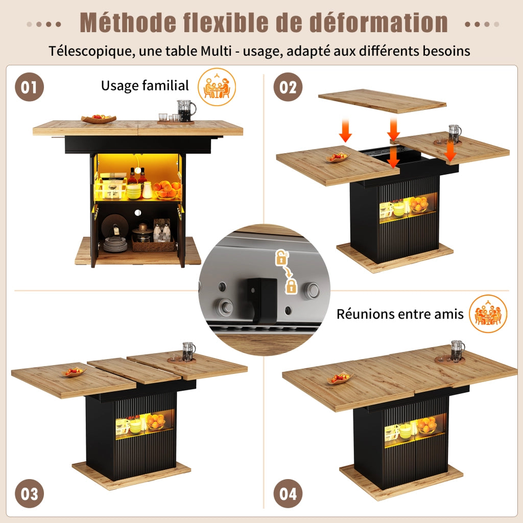 Tavolo da pranzo allungabile con vano contenitore chiuso; ripiano regolabile e illuminazione LED; per cucina e sala da pranzo; 110 × 80 × 76 cm
