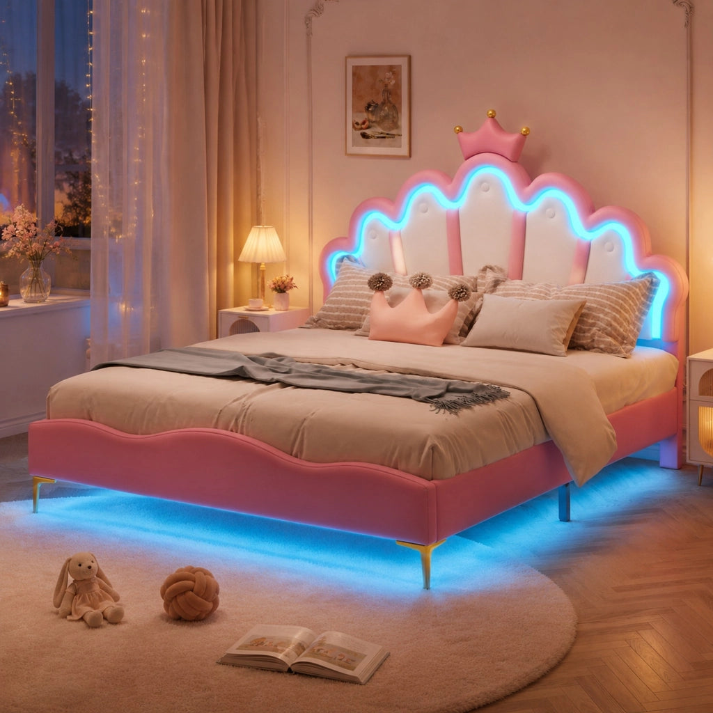 LETTO Principessa con corona 140x200 cm Rosa in PU con LED