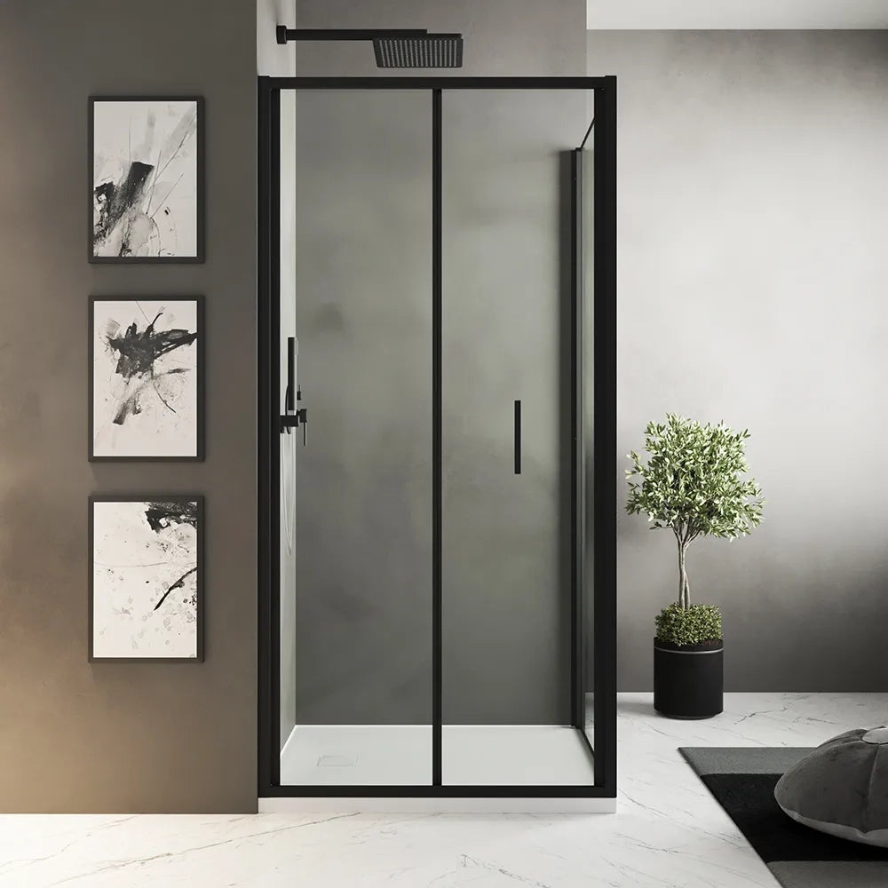 Box doccia slim 90x90cm con porta a libro e parete fissa profili nero opaco e vetro 6mm trasparente h190| Portofino