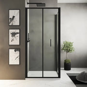 Box doccia slim 90x90cm con porta a libro e parete fissa profili nero opaco e vetro 6mm trasparente h190| Portofino