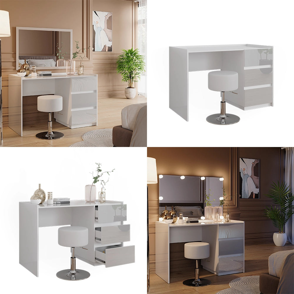 Vicco Tavolino da toilette Bianco lucido 120 cm con sgabello