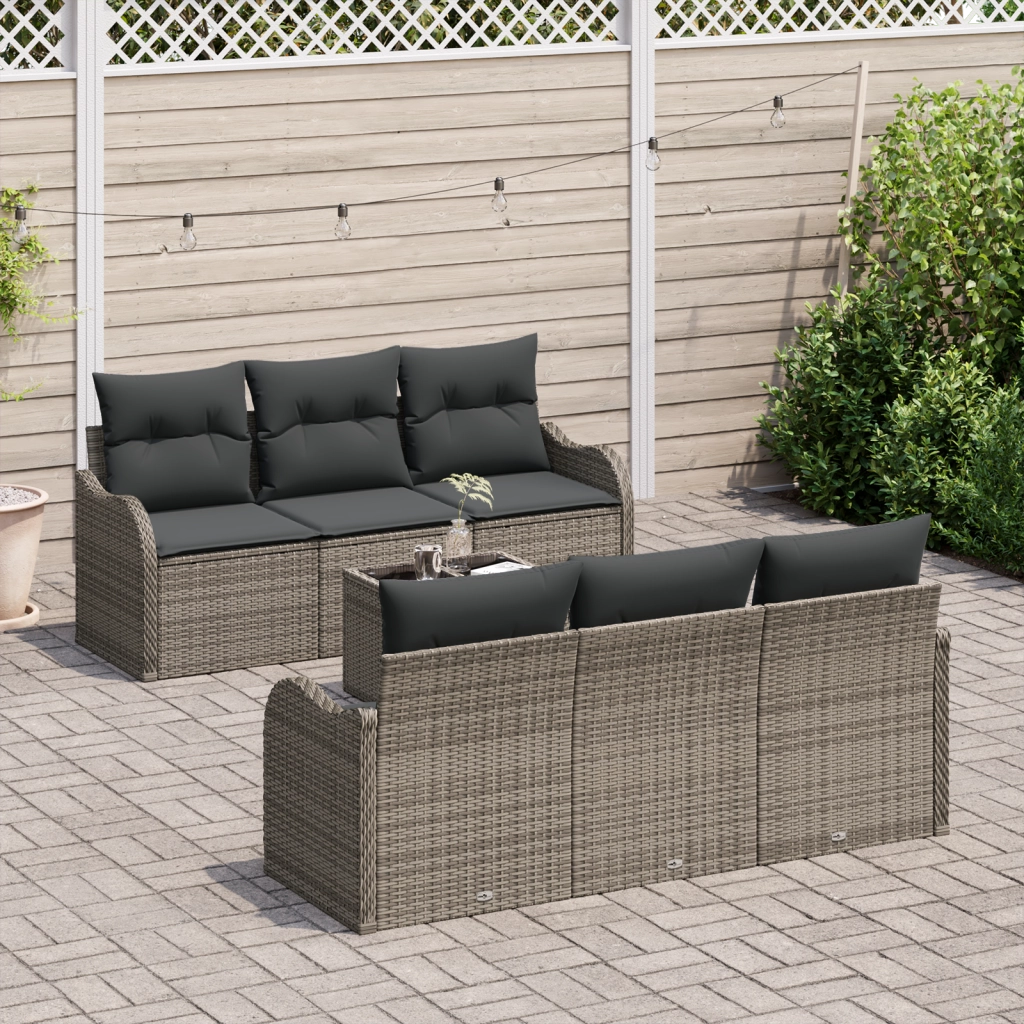 Set Divano da Giardino  da 7 Pezzi con Cuscini Grigio Polyrattan
