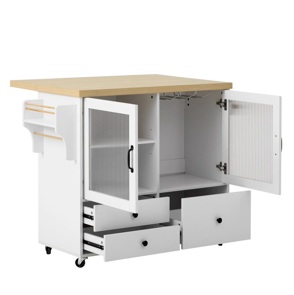 Isola cucina con piano estraibile 100x42-70x91.5 cm; ruote; spazio contenitivo; MDF bianco naturale