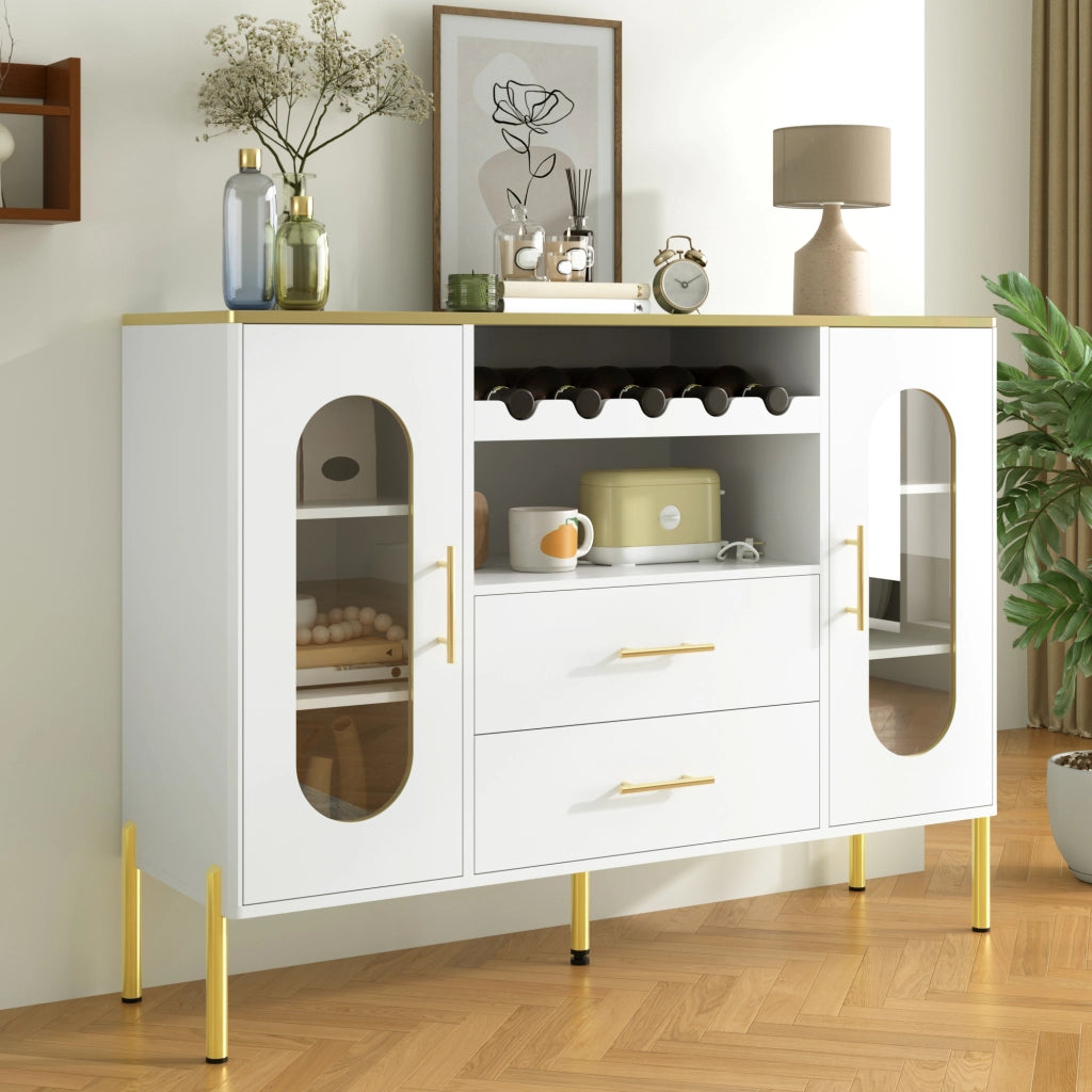 Credenza con 2 Ante in Vetro; 2 Cassetti e Portabottiglie; Maniglie Dorate; Piede Regolabile; in MDF; 120??38??90 cm; Bianco