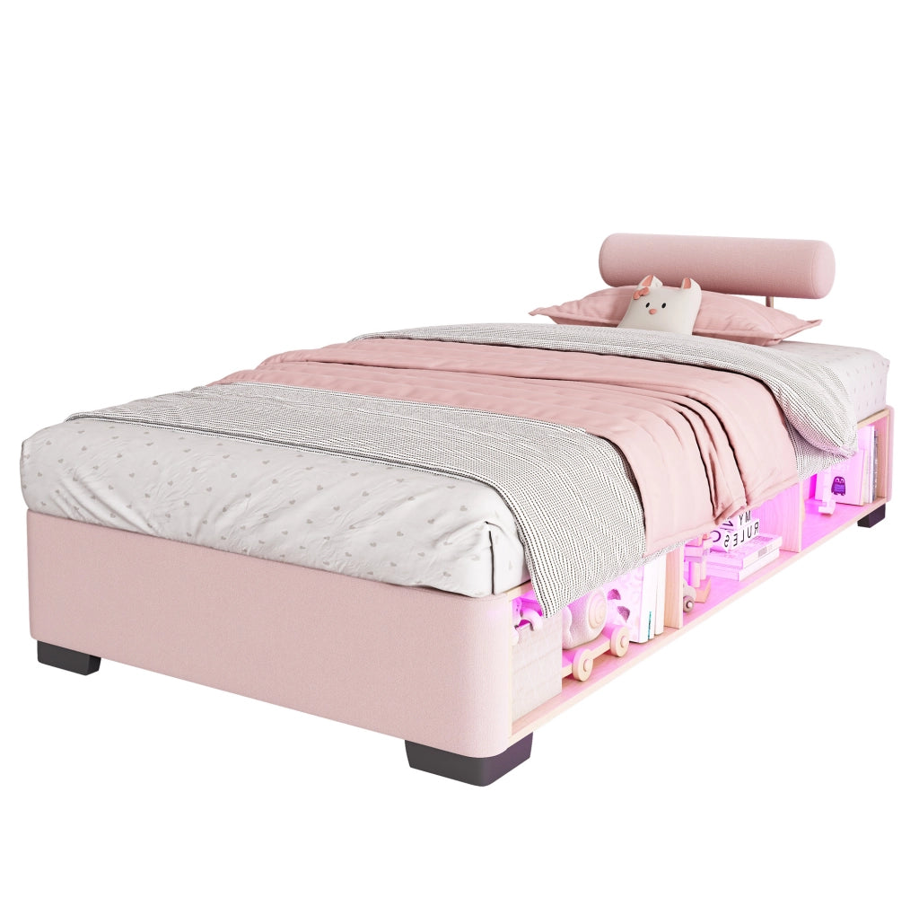 Letto imbottito 90x200 cm con libreria laterale LED e contenitore in velluto rosa