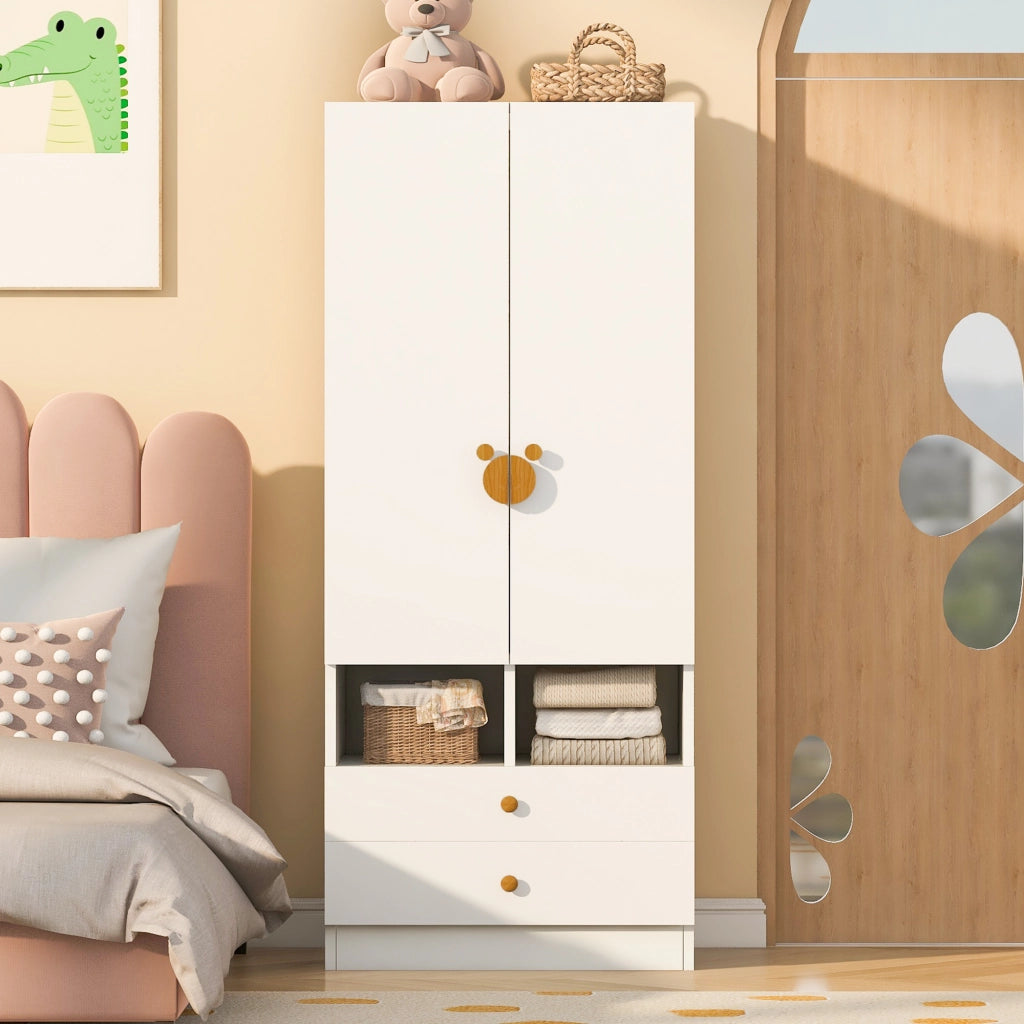 Scaffale a doppia porta con due cassetti e piccoli scomparti in MDF bianco per camera da letto 70 × 50 × 170 cm