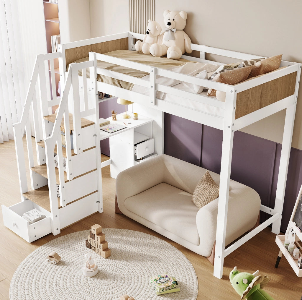 Letto a castello 90x200 cm con scrivania, cassetti e scala contenitore