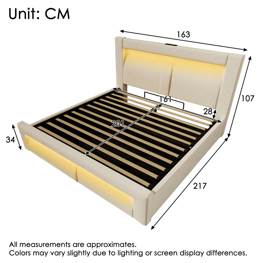 Letto matrimoniale 160x200 cm con contenitore; LED integrati; porte USB e Type-C; velluto beige