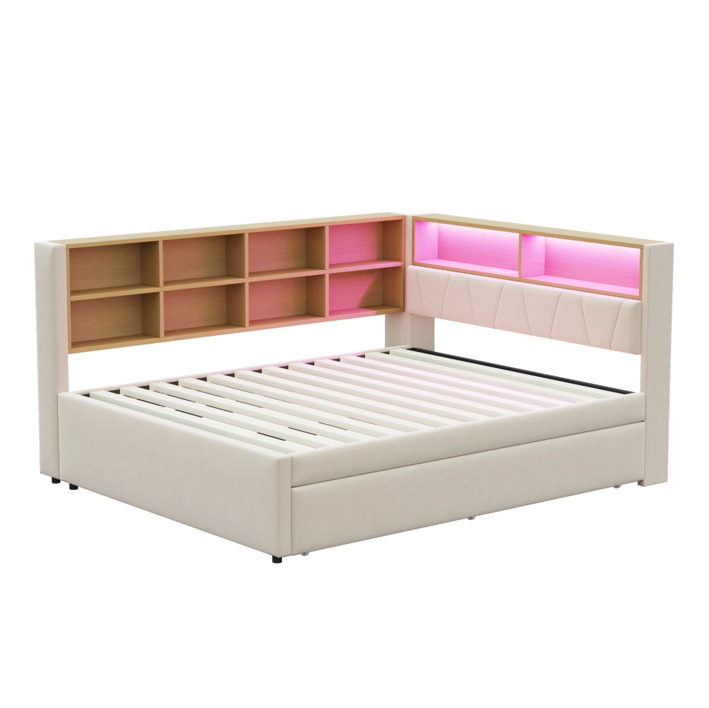 Divano letto multifunzionale 140x200 cm con letto estraibile 90x190 cm; LED e prese; beige