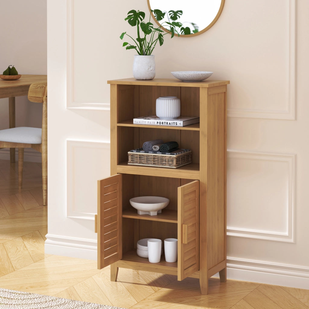 Mobile Contenitore Rirg a 2 Ante e Scomparti Aperti in Bambù Naturale 92 x 50 x 25 cm [en.casa]