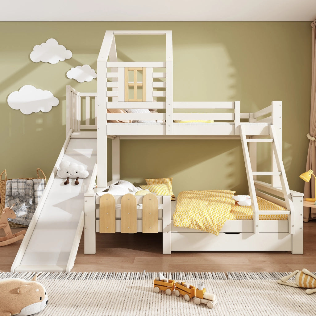 Letto a castello con scivolo e cassetto in metallo e legno 140x200 cm