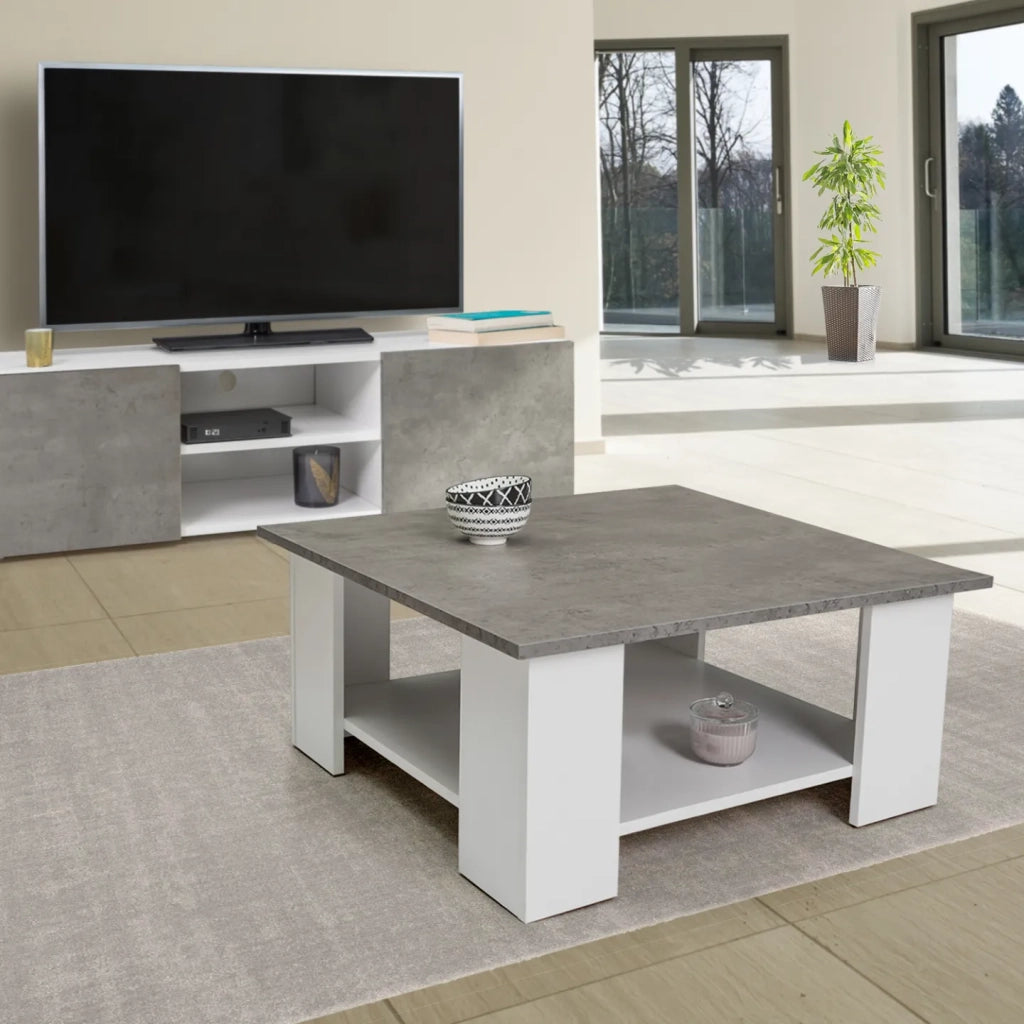 IDMarket - Tavolo basso quadrato ELI bianco con piano effetto cemento