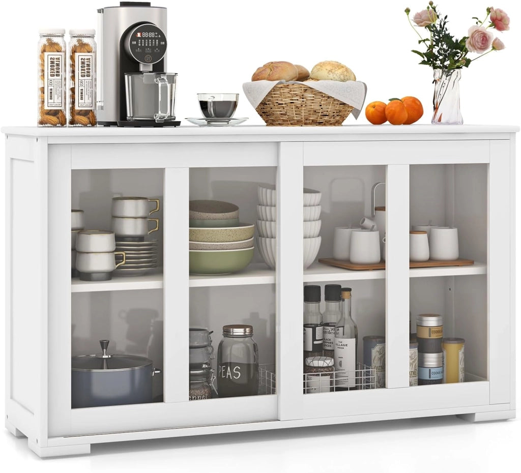 Armadietto da Cucina Mobile Laterale Multiuso con Ante Scorrevoli, in MDF e Vetro, 106,5 x 33 x 62,5 cm (Bianco)