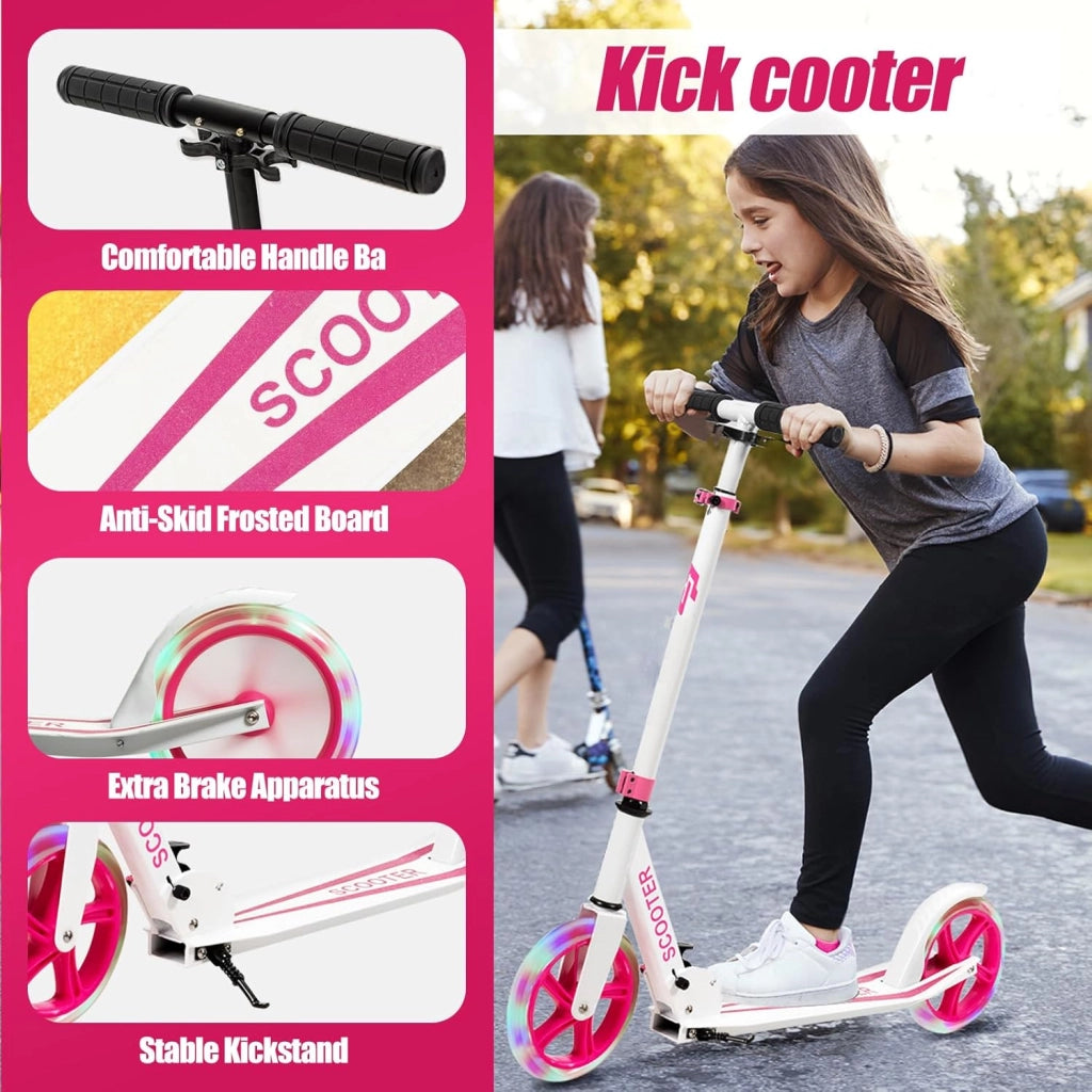 Monopattino Pieghevole per Bambini e Adulti Fino a 110kg, Manopattino a 2 Ruote Luminose con Freno, Scooter per Bambini con Manubrio Regolabile e Cinghia di Trasporto