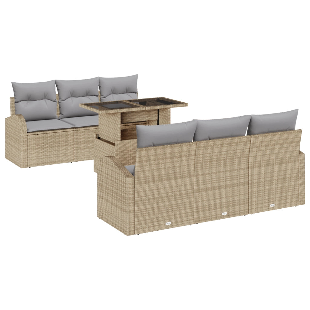 Set SofÃ  da Giardino in 7 Pezzi con Cuscini Beige Poli Rattan