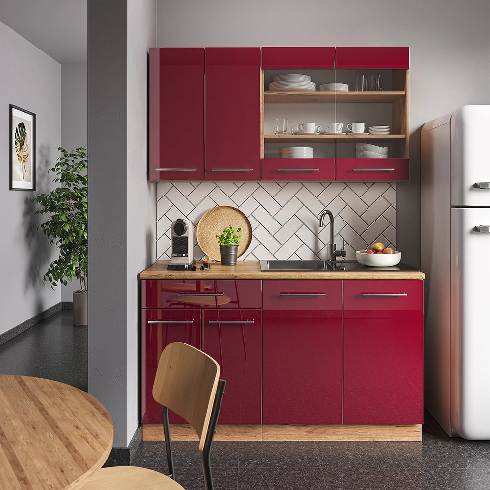 Cucina completa Fame-Line Bordeaux lucido/Rovere dorato 140 cm, PL Marmo Vicco