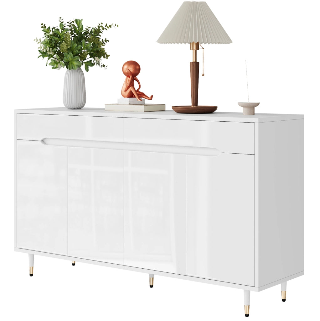 Armadio portascarpe moderno 140x39x84 cm bianco con gambe dorate; 2 cassetti e ripiani regolabili