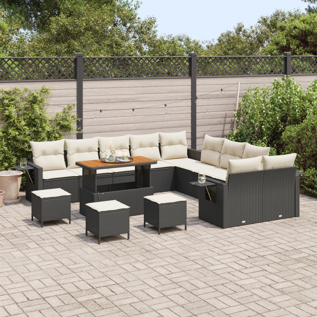Set Divano da Giardino da 14 Pezzi con Cuscini Nero Polyrattan Acacia