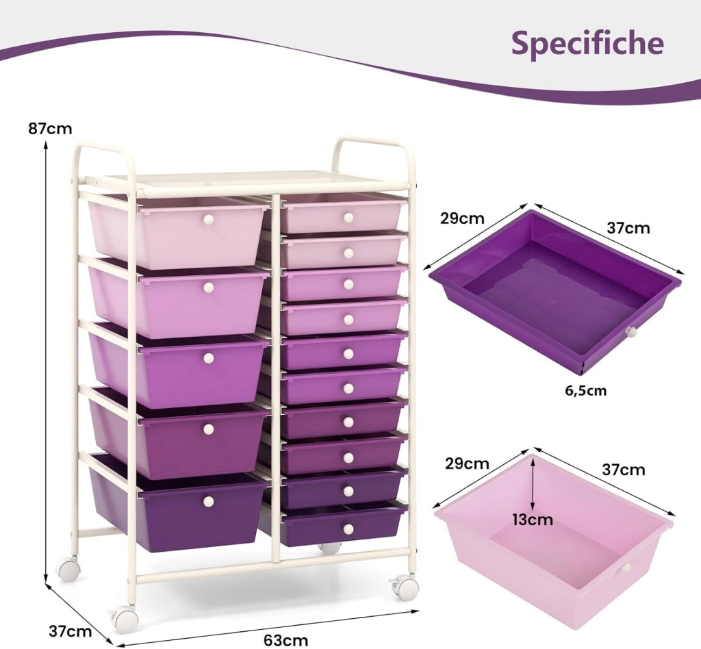 Carrello con 15 Cassetti Impilabili, Carrello di Stoccaggio con Ruote, Carello Portaoggetti per Casa e Ufficio, 62,5 x 37 x 87 cm (Viola)