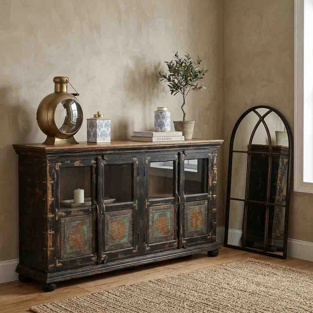 Credenza in legno, vetro e metallo marrone 170x40x90