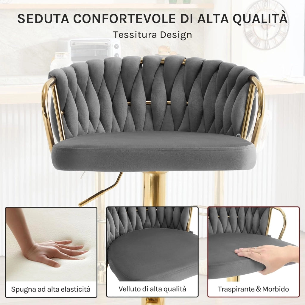 Sgabello da Cucina Altezza Regolabile, Sgabello da Bar in Velluto, Girevole a 360°, con Base in Metallo e Poggiapiedi, Nero