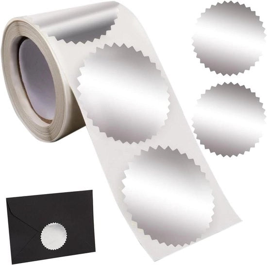 Zegli di Certificazione in Metallo Argento con Bordura a Scaglie - Etichette Ronde da 5 cm - 250 Unità - Stickers in Foglia di Argento - Adatti per Certificati - Etichette Vuote