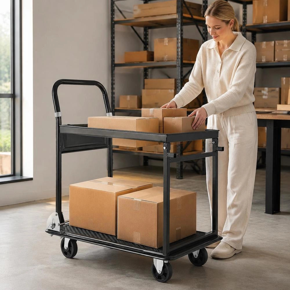 Foldable Push Cart Dolly, 700 Lbs, Heavy Duty Platform Hand Truck With Wheels, High-Strength Steel, 2 Tier Moving Flatbed Cart, For Warehouse, Garage, Workshop, Office, 28.7 X 18.5 X 32.3 In