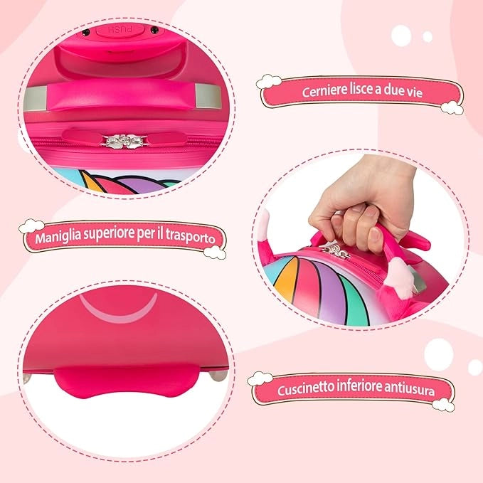 Valigia per Bambini da 16" con Ruote illuminate, Valigia con Manico Telescopico in Alluminio, Regalo per Bambini, 33 x 22 x 45 cm (unicorno(4))