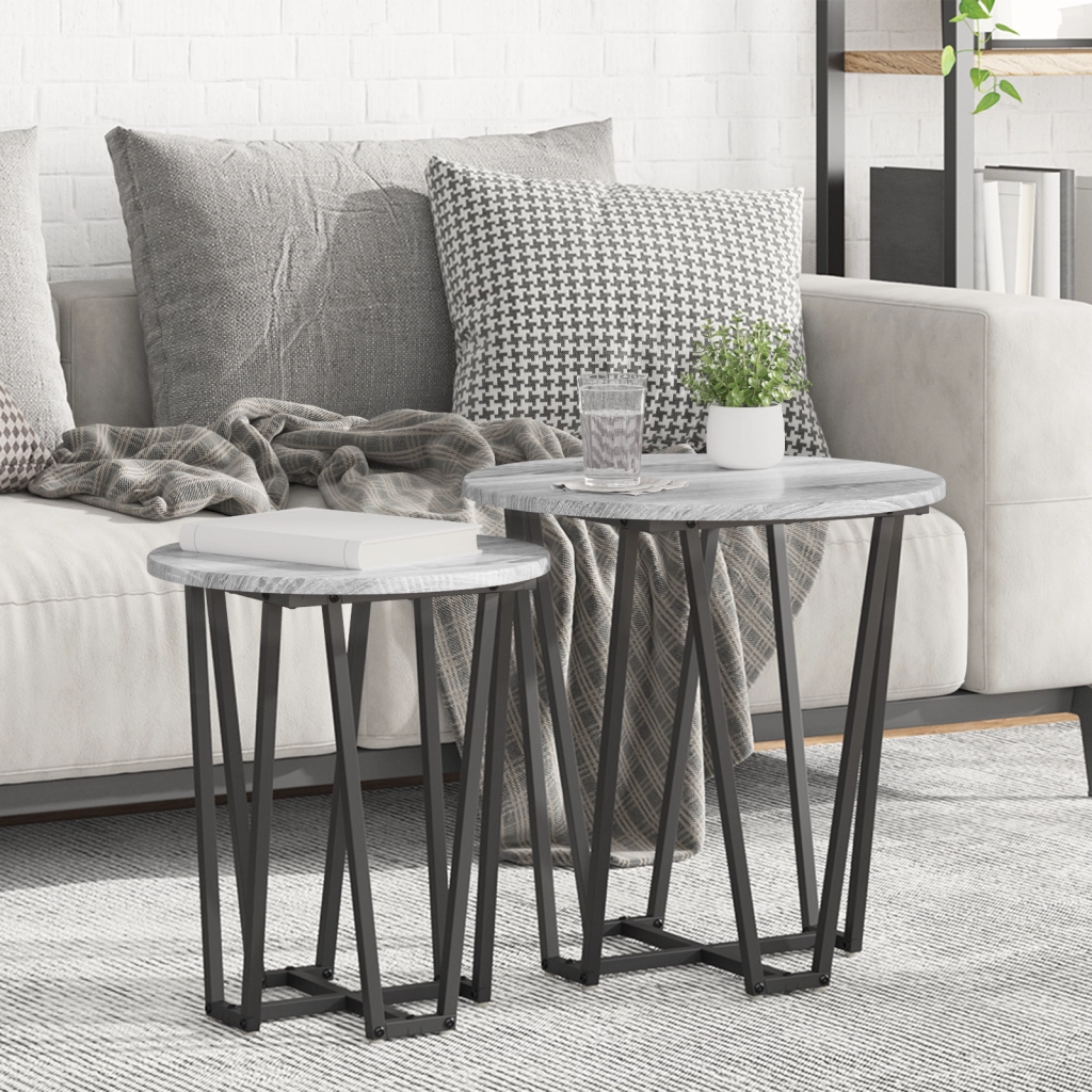 Set di 2 tavolini Grigio Sonoma in legno ingegnerizzato e metallo