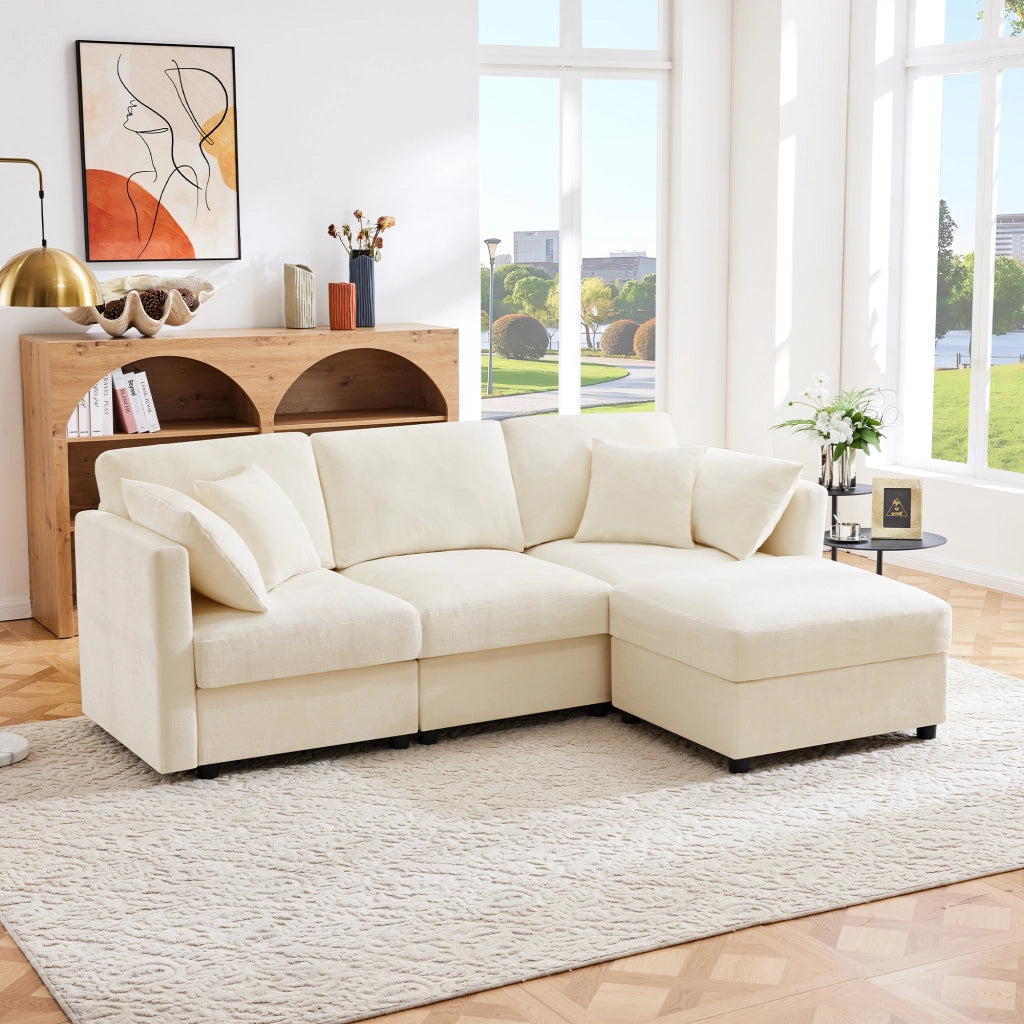 Divano angolare modulare con pouf, 4 cuscini e braccioli regolabili, in ciniglia beige 218 × 156,5 × 86 cm