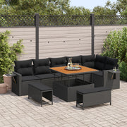 Set Divano da Giardino  9 Pezzi con Cuscini Nero Poly Rattan Acacia