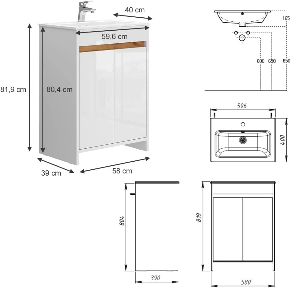 Set di mobili da bagno Lemgo, Bianco lucido, 59.6 cm, composto da mobile sottolavabo e lavabo