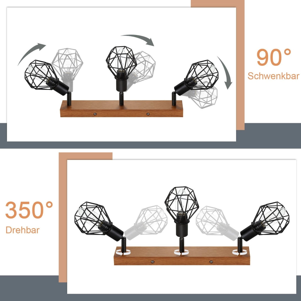 ZMH Faretto da soffitto legno nero 3 luci metallo rotanti 350° stile retrò max 25W per sale pranzo senza lampadina