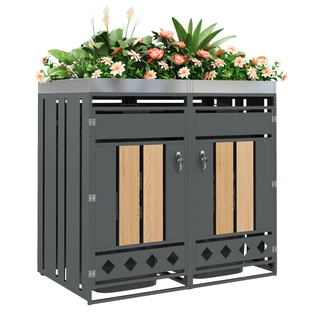 Cassaporta rifiuti da esterno con fioriera integrata 132x80x124;5 cm in acciaio zincato grigio effetto legno