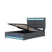 Letto singolo imbottito 90x200 cm con LED RGB, prese USB e contenitore, grigio lino