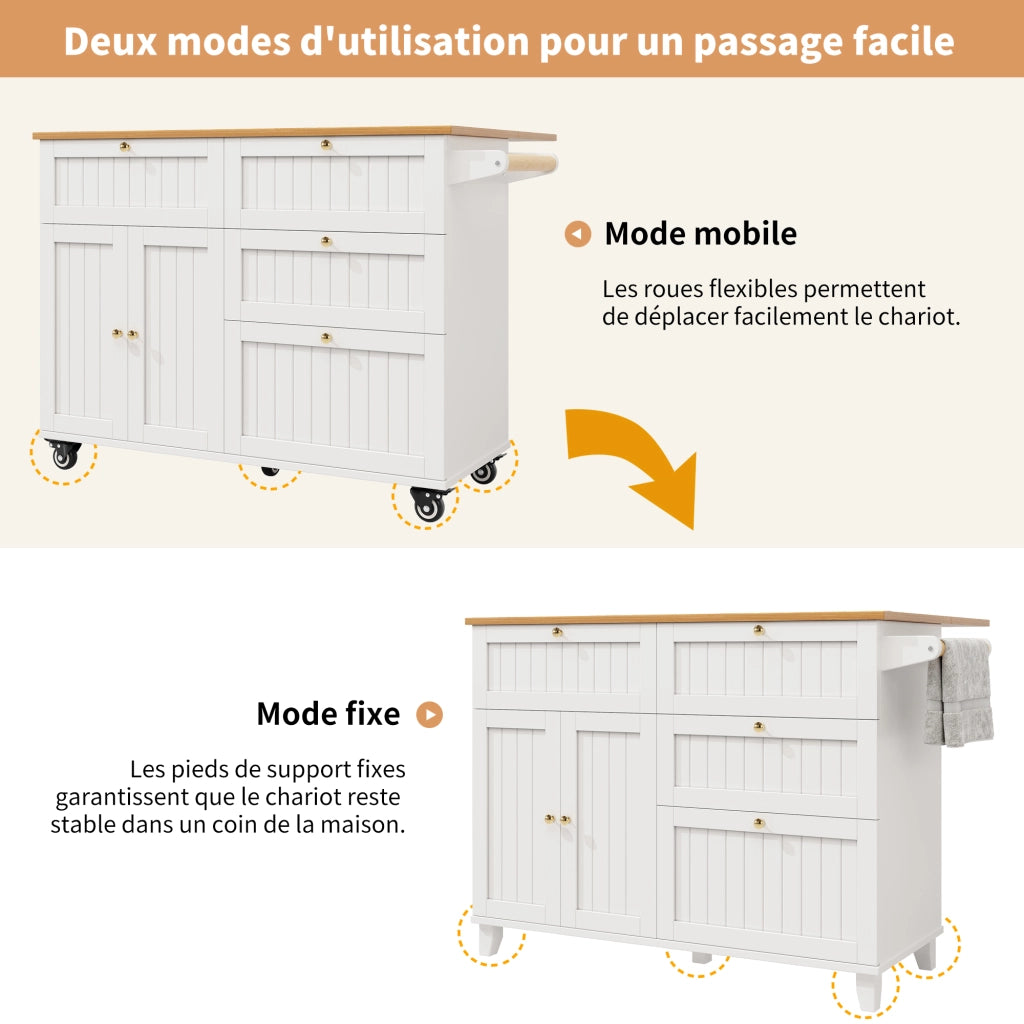 Carrello da Cucina con Contenitore e Piano Ribaltabile con Ruote e Piedini Regolabili in MDF Bianco