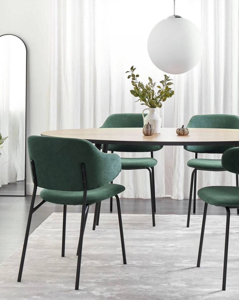 Set di 2 sedie da pranzo con sedile imbottito in tessuto verde senza braccioli schienale curvo stile moderno