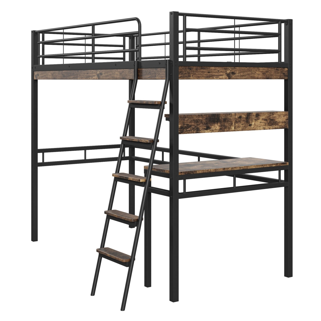 DESMIU Letto a soppalco singolo con scrivania, scaffali e scala 90 × 200 cm, senza materasso, in metallo, nero
