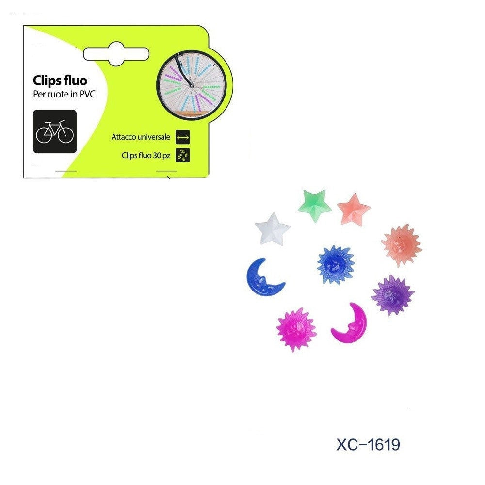 Trade Shop - Set 30pz Clips Fluo Colorate Stelle Luna Sole In Pvc Per Raggi Ruote Bici Xc-1619 -