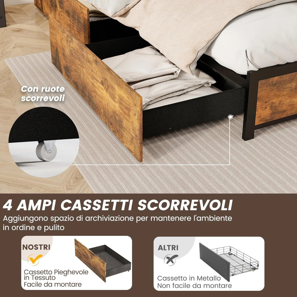 Letto con 4 Cassetti e Testiera, Struttura Letto 200x160 cm con Luci LED Regolabile e Presa Multipla, Carico Massimo 300kg, Silenzioso (200x160 cm)