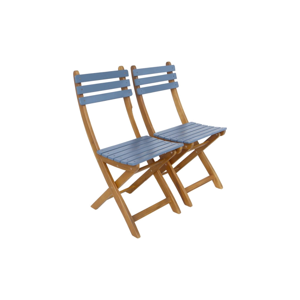 Set tavolo da giardino in legno di acacia con 2 sedie pieghevoli, blu