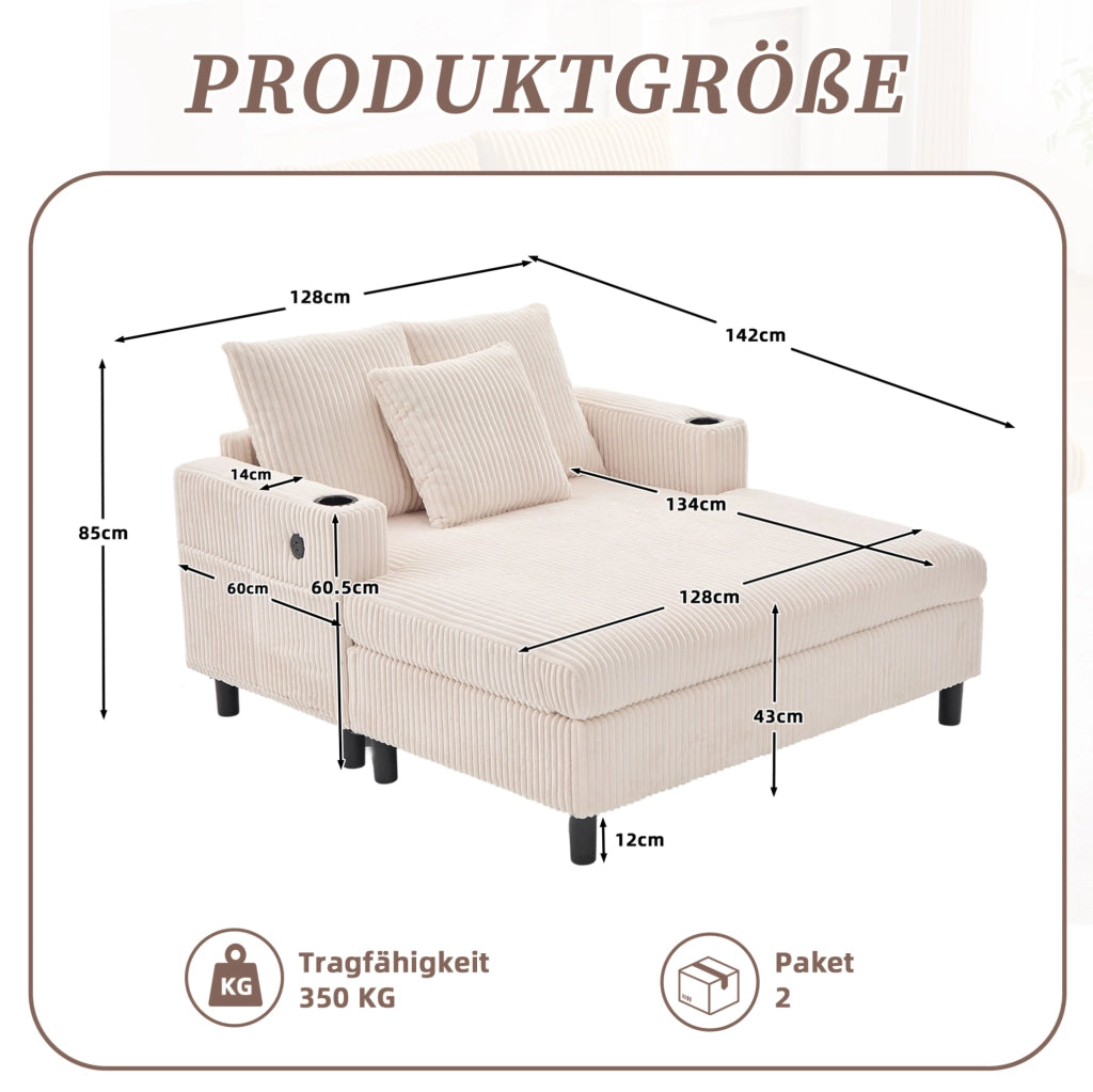 Poltrona relax oversize con LED; porta USB e portabevande; 142×128×85 cm; velluto a coste beige