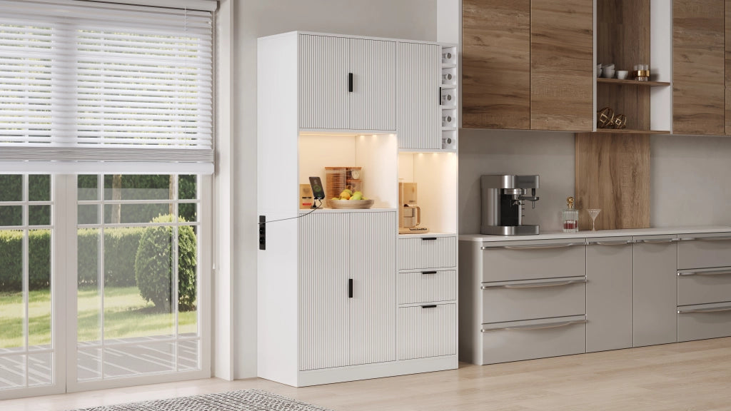 Credenza da cucina con LED app, 3 cassetti e portabottiglie, per cucina e sala da pranzo, bianco, 180 × 105 × 40 cm