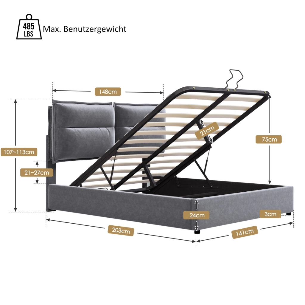 Letto matrimoniale imbottito 140x200 cm con contenitore; testiera regolabile in velluto grigio
