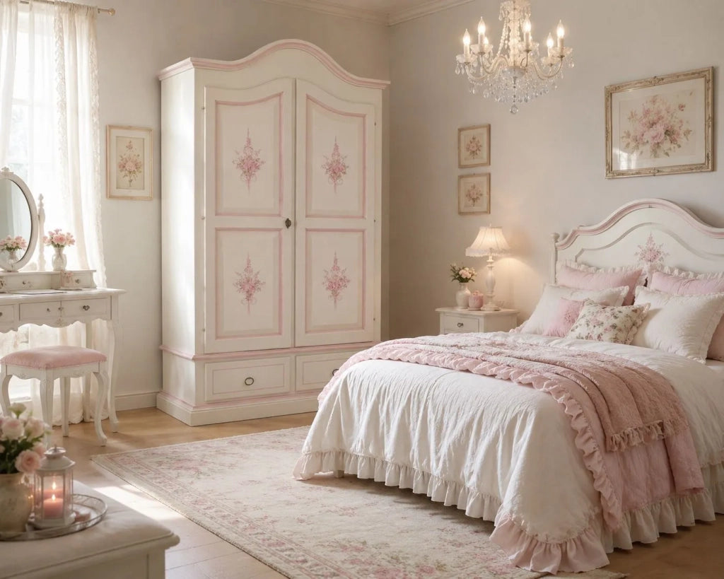 Armadio in legno shabby bianco con decori rosa 122x60x200 (1320) - Mobili 2G