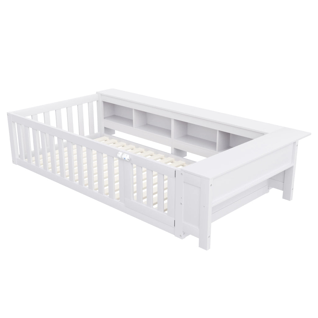 Letto singolo bambino 90×200 cm con ripiani; sponde di sicurezza e rete; senza materasso; legno massiccio; bianco